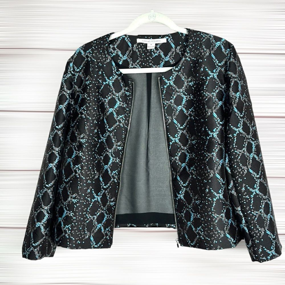 Diane Von Furstenberg DVF Women Full Zip Short Boxy Blazer Jacket Black Blue 14